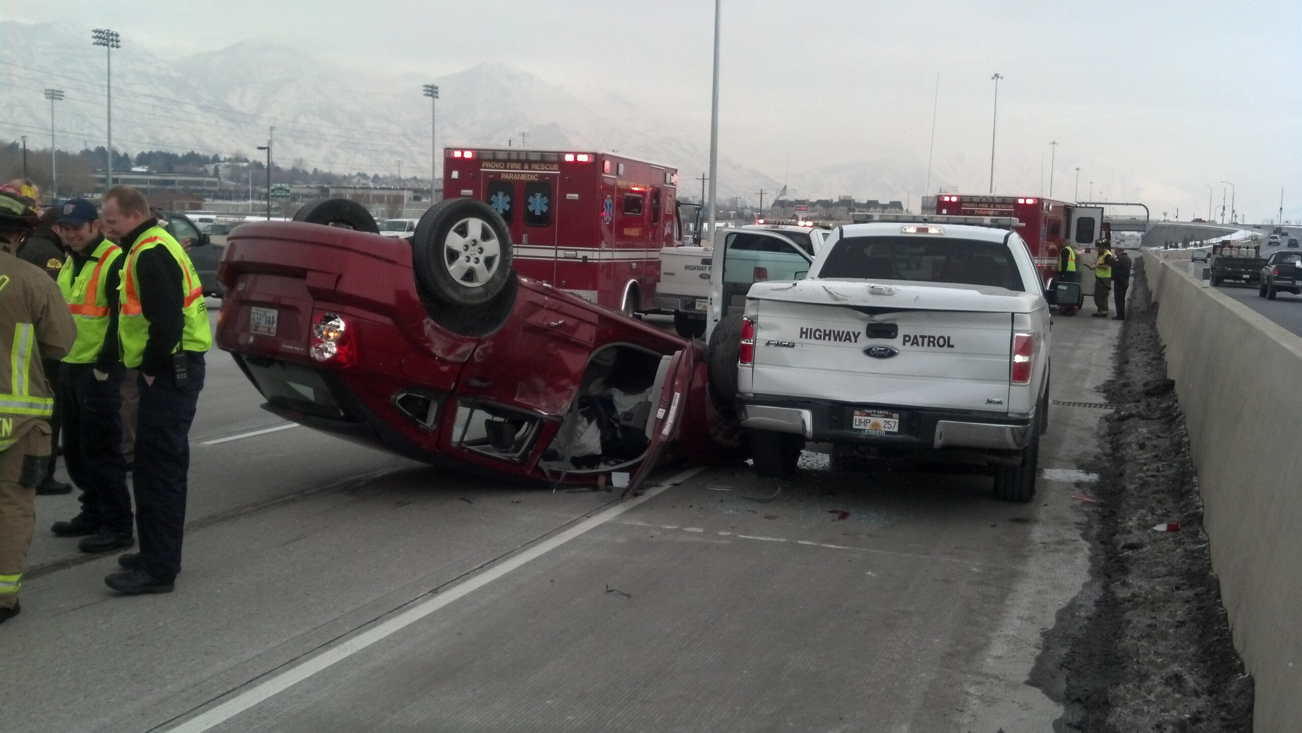 Flipped vehicle on freeway